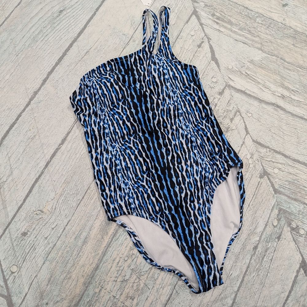 Jessica Simpson NWT Medium Blue Animal Print‎ One Shoulder Piece Swimsuit